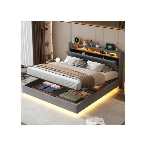 Lit Rembourré 160x200 Cm, Lit Rembourré Multifonctionnel Avec Prise Usb Et Lumière Led