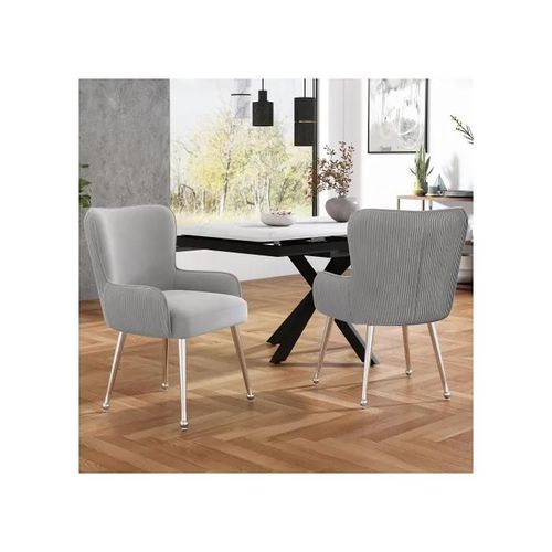 Chaise De Salle À Manger En Velours, Ensemble De 2, Avec Quatre Pieds En Métal Argenté, Avec Accoudoirs Et Pieds Réglables, Gris