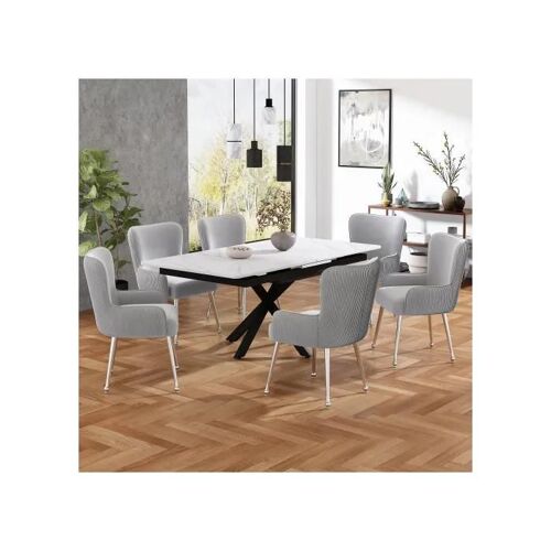 Chaises de salle à manger en velours, set de 6, avec quatre pieds en métal argenté, accoudoirs et pieds réglables, gris.