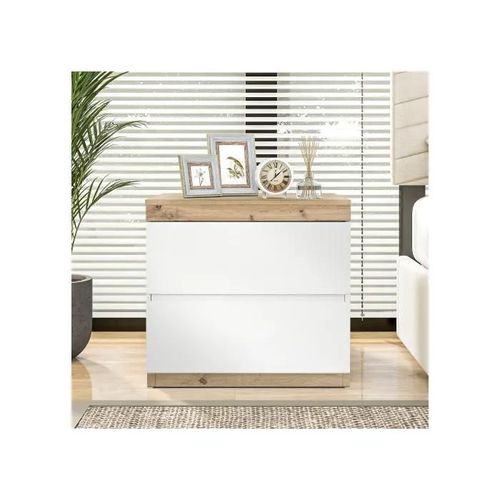 Table de chevet avec deux tiroirs, commode, panneau de particules E1, blanc + bois de chêne
