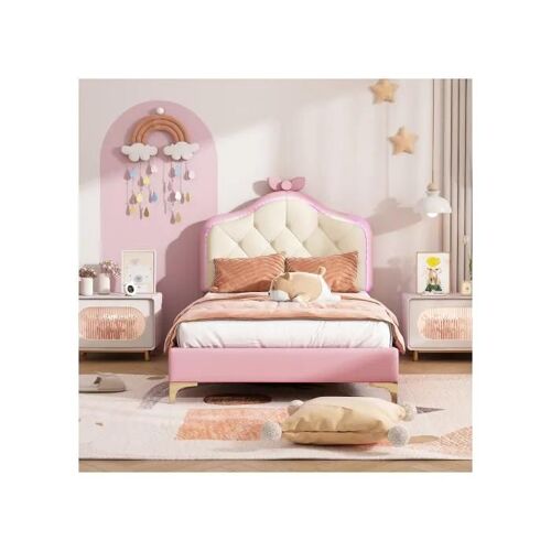 Lit simple, ondulé, tête de lit avec points de traction, avec bandes lumineuses LED colorées, PU, cadre de lit rose, 90x200 cm