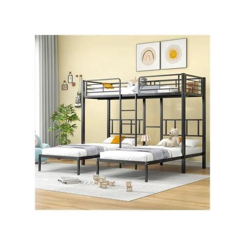 Lit Superposé Triple Avec Échelle Pour Adolescents, Lit En Fer Avec Abri Antichute Et Table, Noir 90x200cm*3