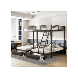 Lit superposé triple avec tiroirs, convertible en un lit double 140 x 200 et deux lits simples 90 x 200, noir