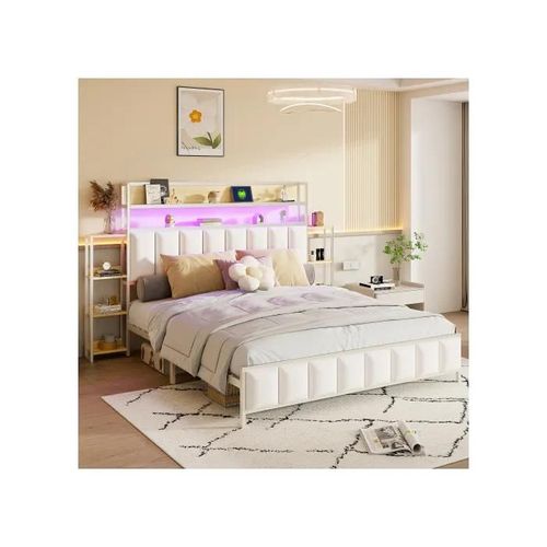 Lit Rembourré 160*200 Cm, Avec Plusieurs Étagères, Avec Éclairage Led, Couvre-Lit En Cuir Synthétique, Blanc