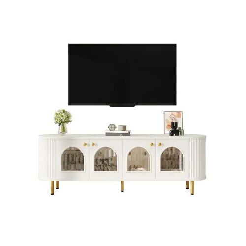 Armoire TV lowboard avec portes vitrées, meuble de rangement pratique pour le salon, poignées et pieds dorés