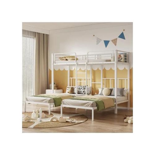 Lit Superposé Triple Avec Échelle Pour Enfants Et Adolescents, Lit En Fer Avec Lit De Chute Et Table, Blanc 90x200cm*3