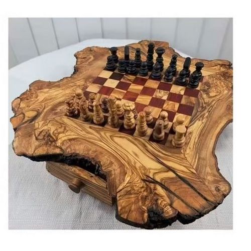 Echiquier Jeu D'Échecs Bois Massif Brut D' Olivier Finition Rustic Artisanal Damier Fait Main Artisan 32 Pions Marquetterie Bords Rugueux Naturels 4 Pieds 2 Tiroirs Rangement Style 30cm Decoration