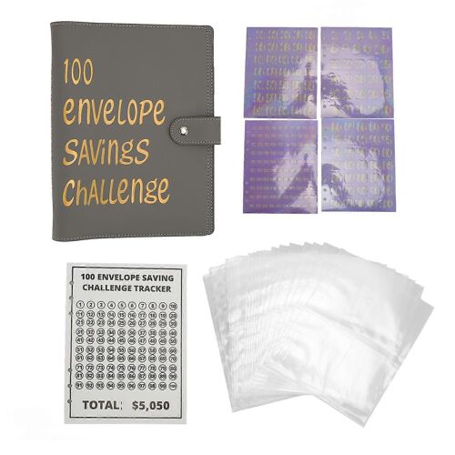 Reliure D'économie D'argent Imperméable En Cuir Pu A5 Budget Classeur Avec 100 Enveloppes D'argent Pour Enfants Adultes Gris