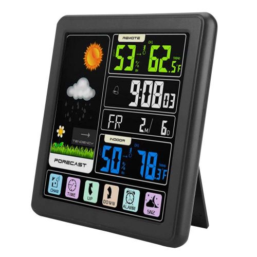 Station météo sans fil avec réveil, thermomètre intérieur extérieur hygromètre hygromètre avec icônes météo, prévisions météorologiques, affichage de l'heure(Noir)