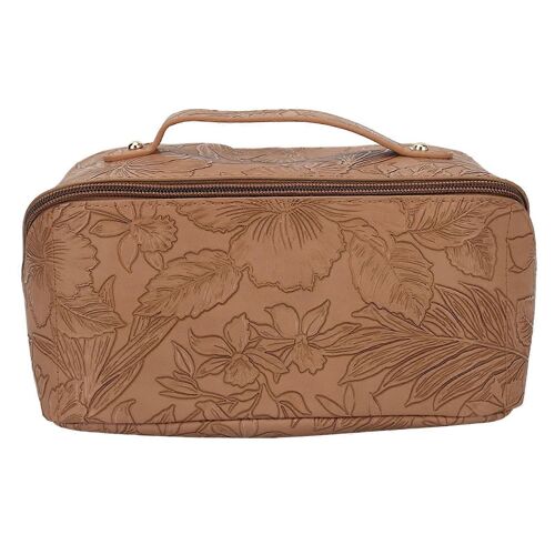 Trousse À Cosmétiques Grande Capacité Imperméable À L'eau En Cuir Pu Portable Divider Trousse De Toilette De Maquillage Avec Poignée Marron Clair
