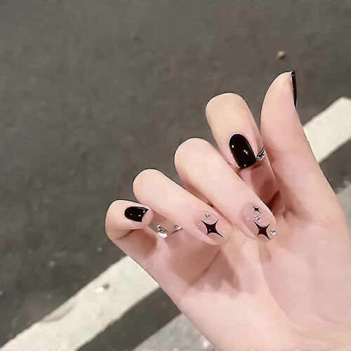 Presse Brillante Sur Les Ongles Court, Carré Faux Ongles Avec Paillettes Strass Noir Pure Couleur Colle Sur Les Ongles Étoiles Motif Mignon Ongles Couverture Complète Ongles Acryliques 