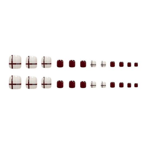24pcs Bourgogne Check Wear Long Paragraphe Mode Manucure Patch Faux 