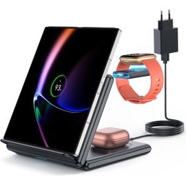 Station De Charge Inductive 3 En 1 Pliable Pour Samsung Z Fold/Flip - Chargeur Sans Fil Pour Fitbit Sense/Versa - Chargeur À Induction Pour Galaxy Buds-Carbon - Noir