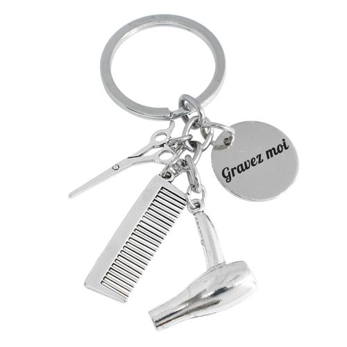 Porte-Clés Thème Coiffure Peigne Sèche-Cheveux Et Ciseaux Gravure Personnalisée Sur Médaille
