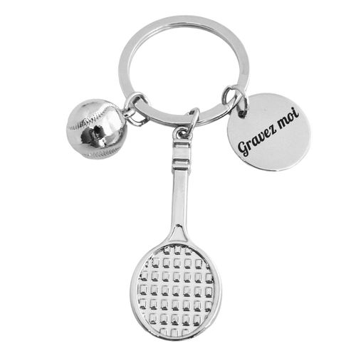 Porte-Clés Raquette Et Balle De Tennis Argenté Gravure Personnalisée Sur Médaille