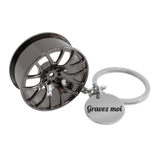 Porte-Clés Jante De Voiture Tuning Couleur Noir Gravure Personnalisée Sur Médaille