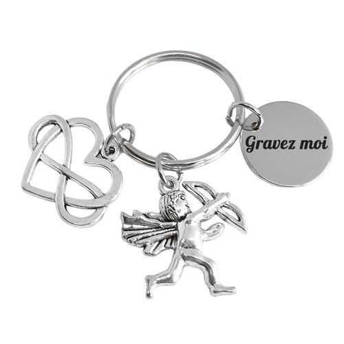 Porte-Clés Cupidon Ange Avec Des Ailes Et Sa Flèche D'amour Coeur À L'infini Argenté Gravure Personnalisée Sur Médaille