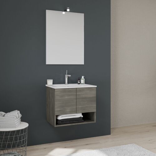 MEUBLE SUSPENDU POUR SALLE DE BAIN AVEC 2 PORTES 60 CM EN CHÊNE GRIS FONCÉ VENEZIA