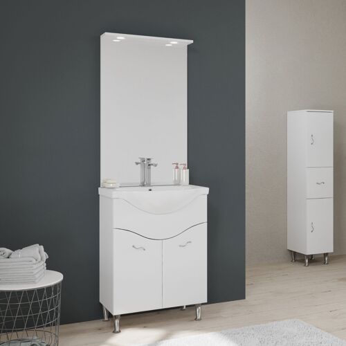 MEUBLE DE SALLE DE BAIN SUR PIEDS 65CM 2 PORTES BLANC BRILLANT, MIROIR AVEC LED EASY