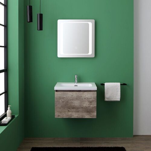 Meuble De Salle De Bain Avec Tiroir En Finition Ciment 60cm Miroir Avec Led Madrid