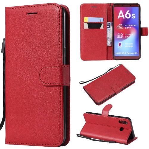 Flip Étui Pour Samsung Galaxy A6s Avec Fente Pour Carte Couleur Solide Classique Étui De Téléphone Portefeuille D'affaires Cuir De Haute Qualité - Rouge