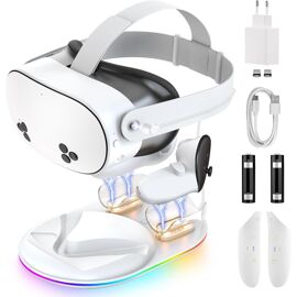 MEVRONISSHOP-Station de charge compatible avec Meta Quest 3S: Station de charge magnétique pour casque & manettes, avec adaptateur 18W, 2 batteries rechargeables et lumières RVB, accessoires VR pour