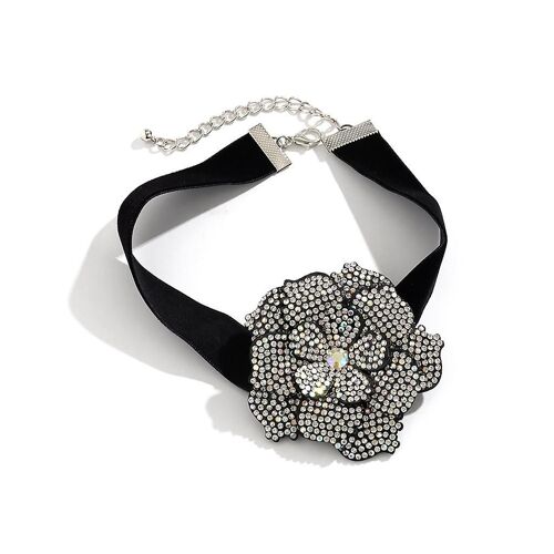 Bracelet Ras De Cou Fleur Pour Femme Goth Élégant Velours Noir - Bijoux Esthétiques