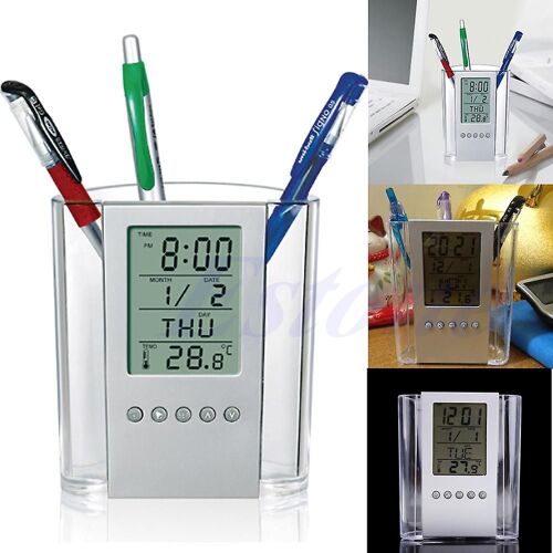 Lcd Numérique Réveil Bureau Crayon Crayon Stylo Porte Organisateur Thermomètre Calendrier
