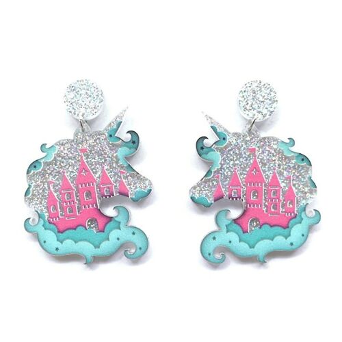 Boucles D'oreilles En Acrylique Mignonnes Forme De Tête De Licorne Castle Pattern Boucles D'oreilles En Poudre De Paillettes