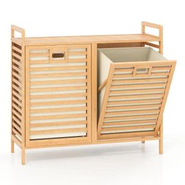 COSTWAY Panier à Linge 75 L avec 2 Paniers Amovibles pour Salle de Linge, Salle de Bain, Chambre, Naturel