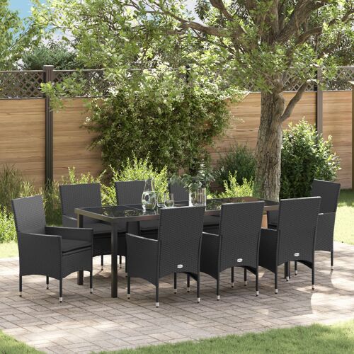 Ensemble De Salle À Manger De Jardin Vidaxl 9 Pièces Avec Coussins Poly Rotin Noir, Table De Jardin Vidaxl Noire 200x80x73 Cm En Verre Trempé