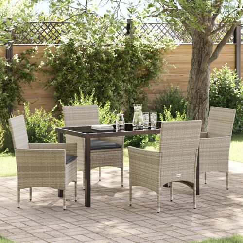 Vidaxl Ensemble De Salle À Manger De Jardin 5 Pièces Avec Coussins Gris Clair Poly Rattan, Table De Jardin Vidaxl Noir 140x80x73 Cm Verre Trempé