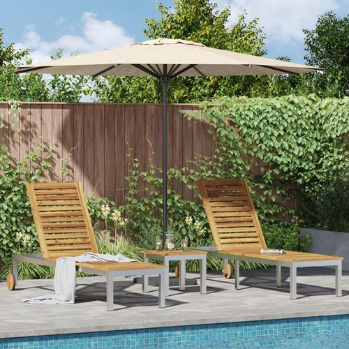 Transats Vidaxl 2 Pcs Avec Table Bois Massif Acacia, Transat Vidaxl Avec Roues 207x58x35 Cm Bois Massif Acacia & Acier Inoxydable