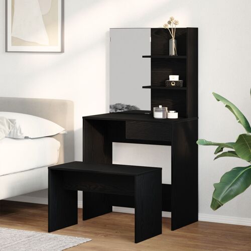 Set De Table De Maquillage Vidaxl En Chêne Noir En Bois Reconstitué, Table De Maquillage Vidaxl En Chêne Noir Avec Miroir - 74,5 X 40 X 141 Cm, Tabouret De Maquillage Vidaxl En Chêne Noir 70x35x45 Cm En Bois Reconstitué 