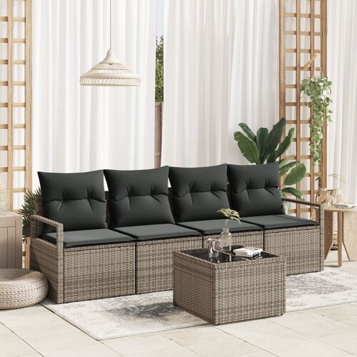 Ensemble de 5 Pièces de Canapé de Jardin avec Coussins Gris Rattan Poly, Canapé de Jardin 2 Places avec Rangement et Coussins Gris Rattan Poly