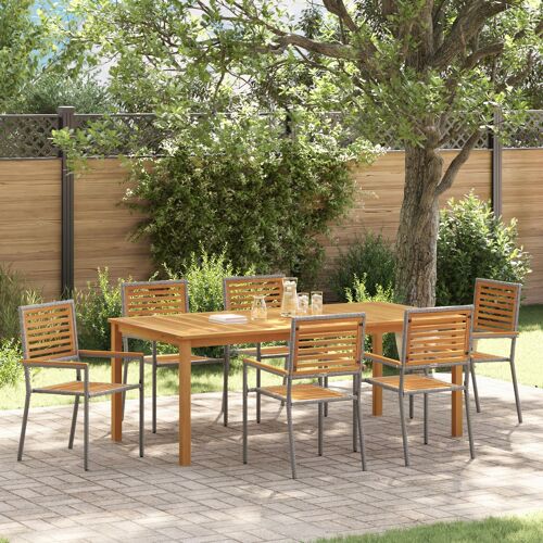Ensemble De Salle À Manger De Jardin 7 Pièces Vidaxl Gris Poly Rattan Acacia, Chaises Empilables Vidaxl Avec Coussins 2 Pcs Gris Poly Rattan