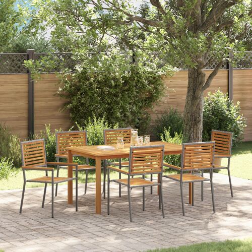 Ensemble De Repas Jardin 7 Pièces Vidaxl Ronde Poly Rattan Acacia, Chaises Jardin Empilables Vidaxl Avec Coussins 2 Pcs Gris Poly Rattan