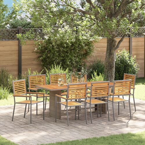 Vidaxl Ensemble De Repas De Jardin 9 Pièces Grey Poly Rattan Acacia, Chaises De Jardin Empilables Vidaxl Avec Coussins 2 Pcs Grey Poly Rattan