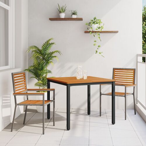Ensemble De Salle À Manger De Jardin Vidaxl 3 Pièces En Poly Rattan Gris Et Bois D'acacia, Chaises De Jardin Empilables Vidaxl Avec Coussins En Poly Rattan Gris, Table De Jardin 90x90x75 Cm En Bois D'acacia Massif Et Métal