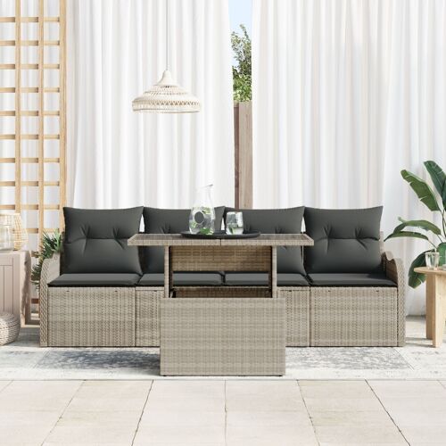 Ensemble De Canapé De Jardin De 5 Pièces Avec Coussins Gris Clair En Poly Rotin, Canapé De Jardin 2 Places Avec Coussins Gris Clair En Poly Rotin