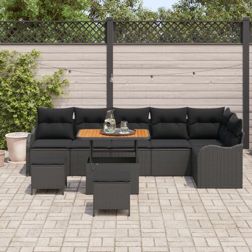 Ensemble De Sofa De Jardin 9 Pièces Avec Coussins Noir Poly Rattan Acacia, Sofa De Jardin 2 Places Avec Coussins Noir Poly Rattan, Ensemble De Salle À Manger De Jardin 3 Pièces Avec Coussins Noir Poly Rattan Acacia