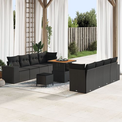 Ensemble De Jardin 11 Pièces Avec Coussins Noir Poly Rotin Acacia, Ensemble Repas De Jardin 3 Pièces Avec Coussins Noir Poly Rotin Acacia