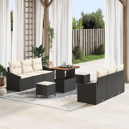 Ensemble de 9 pièces de Canapé de Jardin avec Coussins Rattan Poly Noir Acacia, Sofa de Jardin 2 Places avec Coussins Rattan Poly Noir, Ensemble de 3 pièces de Salle à Manger de Jardin avec Coussins Rattan Poly Noir Acacia