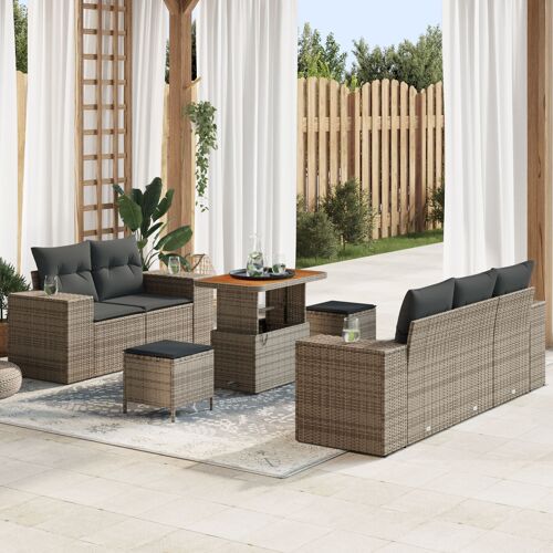 Ensemble De Canapé De Jardin 8 Pièces Avec Coussins Gris Poly Rattan Acacia, Ensemble Salle À Manger Jardin 3 Pièces Avec Coussins Gris Poly Rattan Acacia