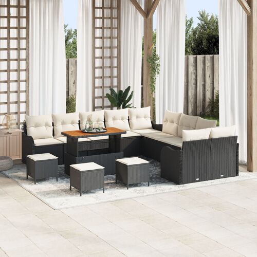 Set de Canapé de Jardin 14 pièces avec Coussins Noir Poly Rotin Acacia, Canapé de Jardin 2 places avec Coussins Noir Poly Rotin, Ensemble Salle à Manger Jardin 4 Pièces avec Coussins Noir Poly Rotin Acacia