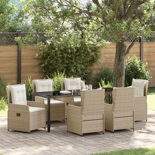 Ensemble Salle À Manger Jardin 7 Pièces Beige En Rotin Vidaxl, Table Jardin Vidaxl Noire 200x80x73 Cm En Verre Trempé