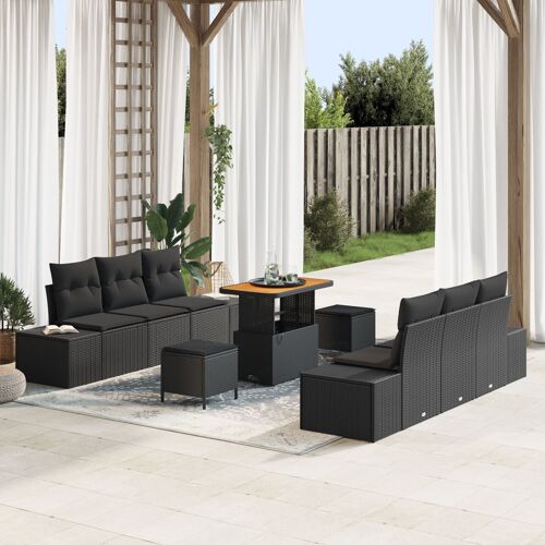 Ensemble De Canapés De Jardin De 9 Pièces Avec Coussins Noir Poly Rattan Acacia, Canapé De Jardin 2 Places Avec Coussins Noir Poly Rattan, Ensemble De Repas De Jardin De 3 Pièces Avec Coussins Noir Poly Rattan Acacia