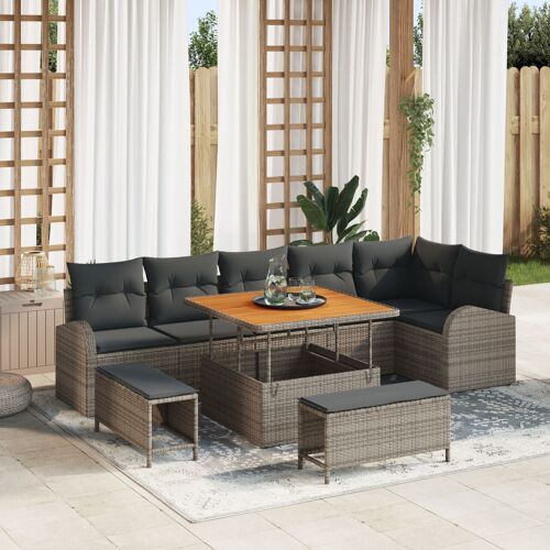 Ensemble De Canapé De Jardin De 9 Pièces Avec Coussins Gris Rattan Poly Acacia, Canapé De Jardin 2 Places Avec Coussins Gris Rattan Poly, Ensemble De Salle À Manger De Jardin De 3 Pièces Avec Coussins Gris Rattan Poly Acacia
