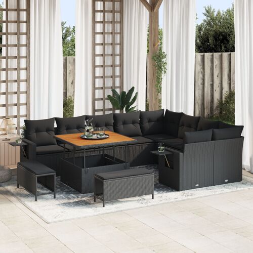 vidaXL Ensemble de 12 Pièces de Canapé de Jardin avec Oreillers Poly Rattan Noir Acacia, vidaXL Ensemble de 3 Pièces de Salle à Manger de Jardin avec Oreillers Poly Rattan Noir Acacia