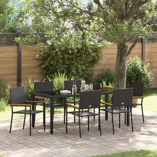 Ensemble De Salle À Manger De Jardin 7 Pièces Vidaxl Noir Poly Rattan, Chaises De Jardin Empilables Vidaxl Avec Coussins - Ensemble De 2 Pièces En Poly Rattan Noir
